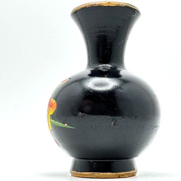 Ceramic Vase With Red & Yellow Floral Design Vintage Hand-Painted Black - Picture 11 of 12